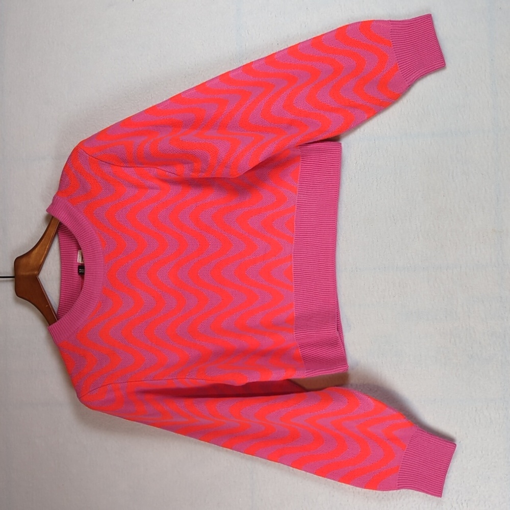 H&M Divided Neon Pink Abstract Wavy Ribbed Neck Oversized Sweater XS